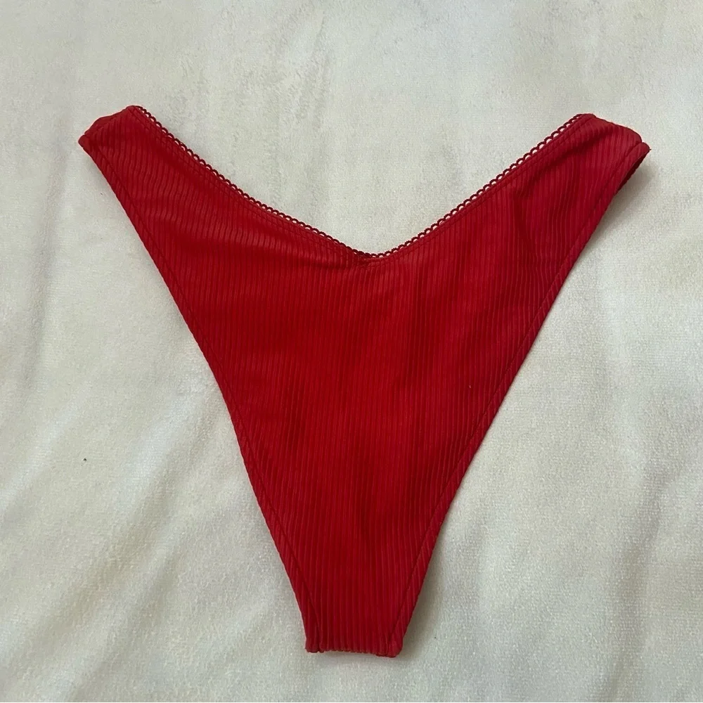 New! Frankie's Bikinis Vibrant Red Enzo Ribbed Cheeky Bikini Bottom 1485